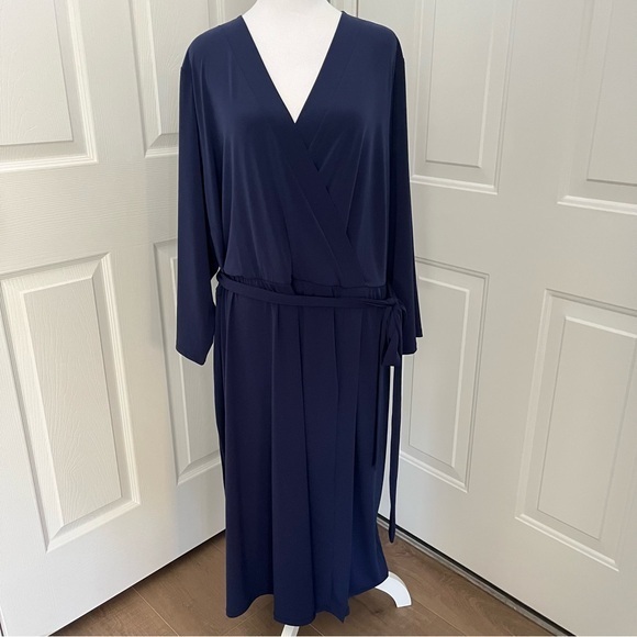 Lane Bryant Wrap Jersey Midi V Neck Dress Navy Empire Waist Belted 26/28 NWT - Picture 2 of 11